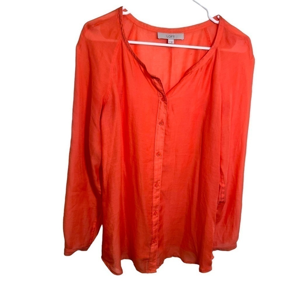 Loft Womens Size Small Long Sleeve Button Down Top Sheer Coral Orange Scoop Neck